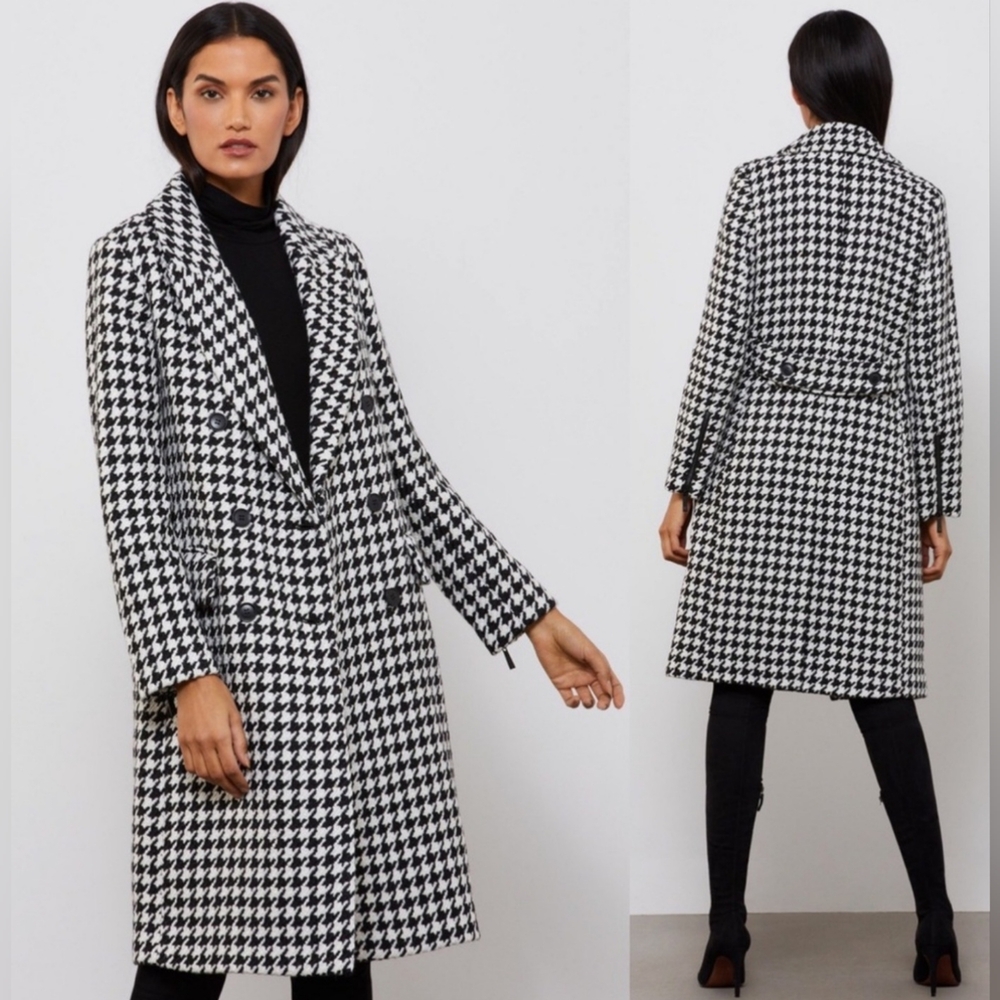 BCBGMaxazria Double Breasted Houndstooth Wool Blend Coat | Small